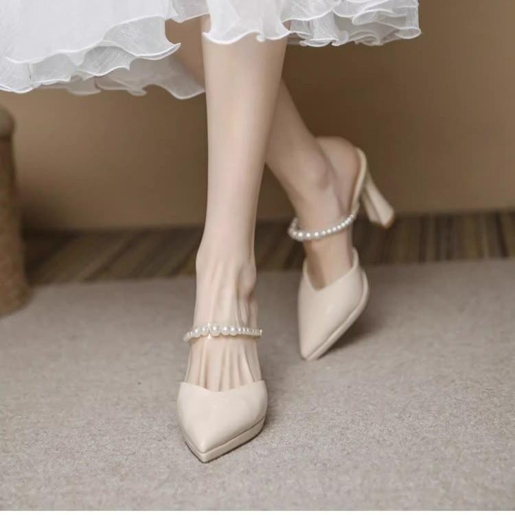 Fashion Women Slippers Female Shoes Pointed Toe Mules for Women 2024 Thin Heels Slippers Soft Beige Heeled Slides Fashion New Comfort
