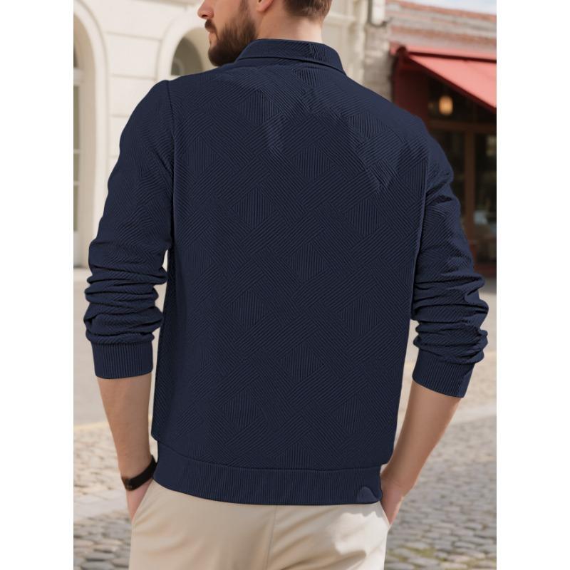 Men S European Size Jacquard Long Sleeve Turn Down Collar Casual Sweatshirt
