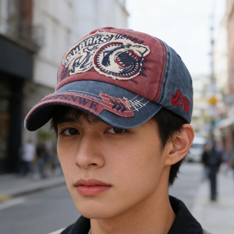 Water Scrubbing Jeans Baseball Cap With Embroidered Shark Design Adjustable Hat Circumference For Men And Women