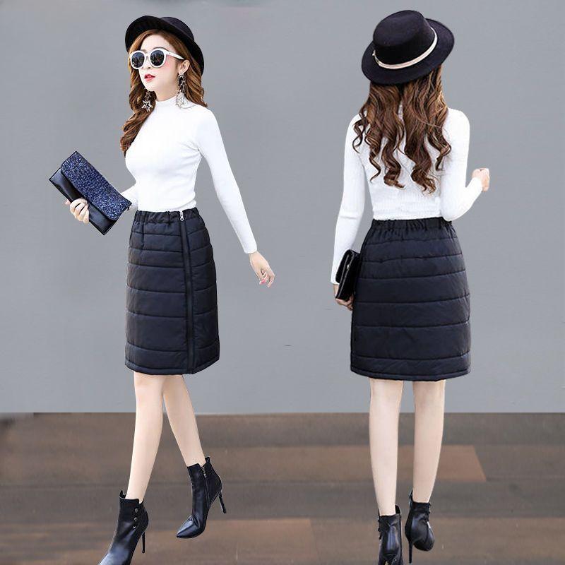Thickened Down Cotton Skirt Women's Short Skirt Winter Elastic Waist Outer Wear One-piece Pocket Skirt Large Size Hip Skirt