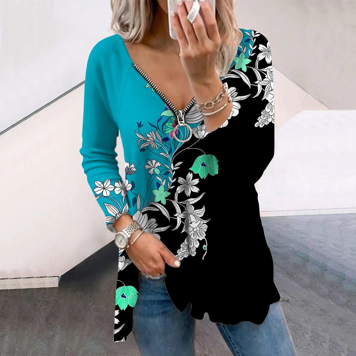 

Женские осенние цветочные светло-голубые футболки с длинным рукавом и принтом персикового цвета, свободные футболки больших размеров с V-образным вырезом, удобные блузки 8XL циан