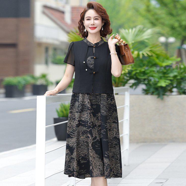 Stylish Chiffon Summer Dress for Middle-Aged & Elderly Women - Short Sleeve, Waist-Cinching Design