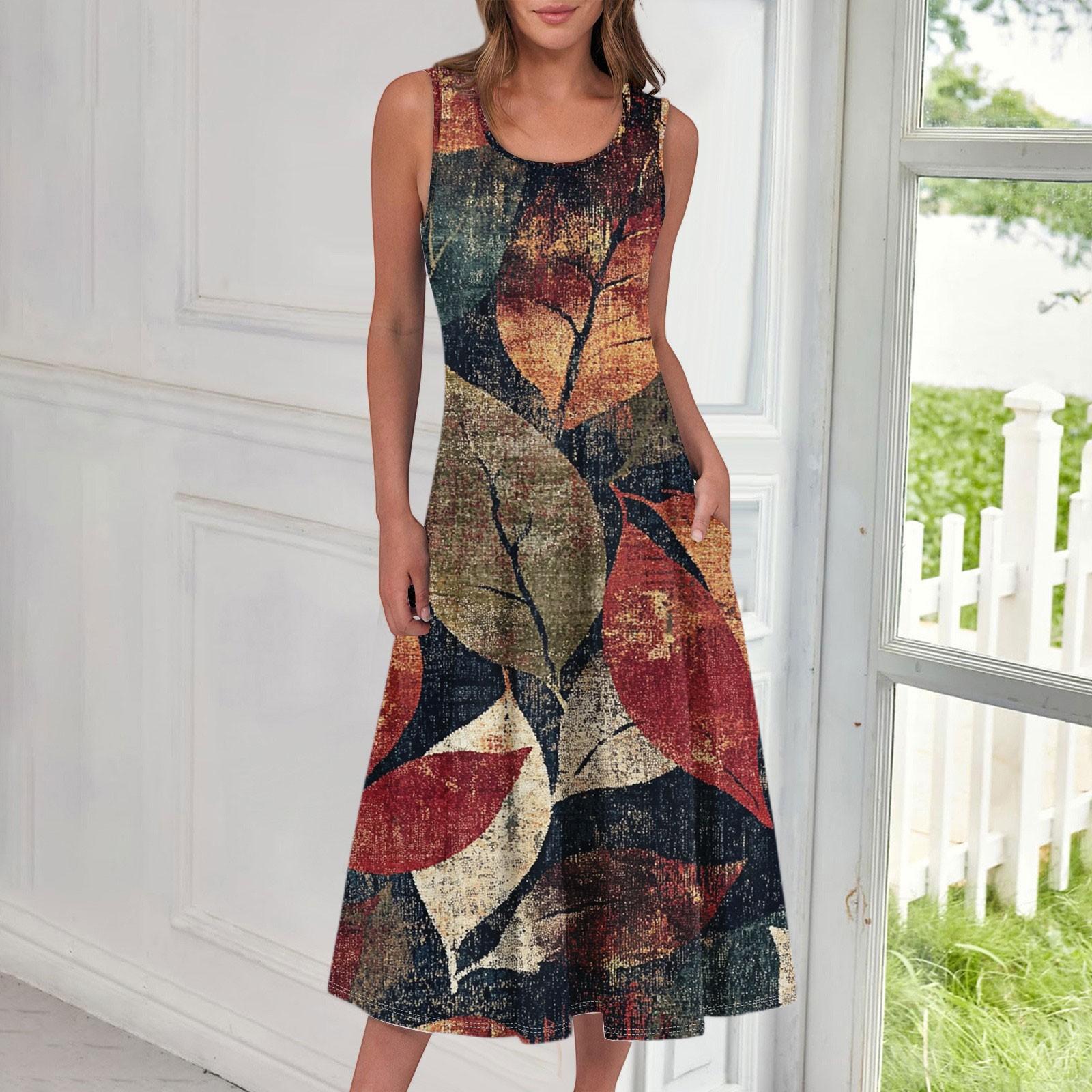 

Women s Casual Fashion Floral Print Round Neck Sleeveless Midi Dress XL винний