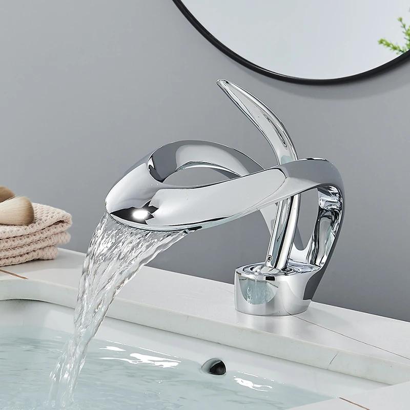 Uythner Luxury Creative Waterfall Basin Faucet Single Handle Deck Mount Basin Tap Black Brass Bath Hot Cold Water Vanity Tap