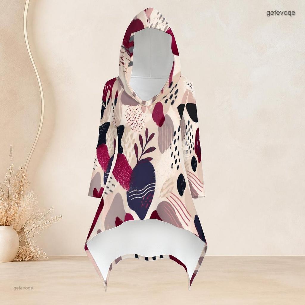 Women Plus Size Geometric Printed Two Piece Set Hooded Long Sleeve High Low Top Fitted Pants