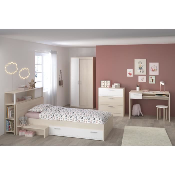PARISOT Chambre enfant complète - Tête de lit + lit + commode + armoire + bureau - contemporain - Décor acacia clair et blanc -