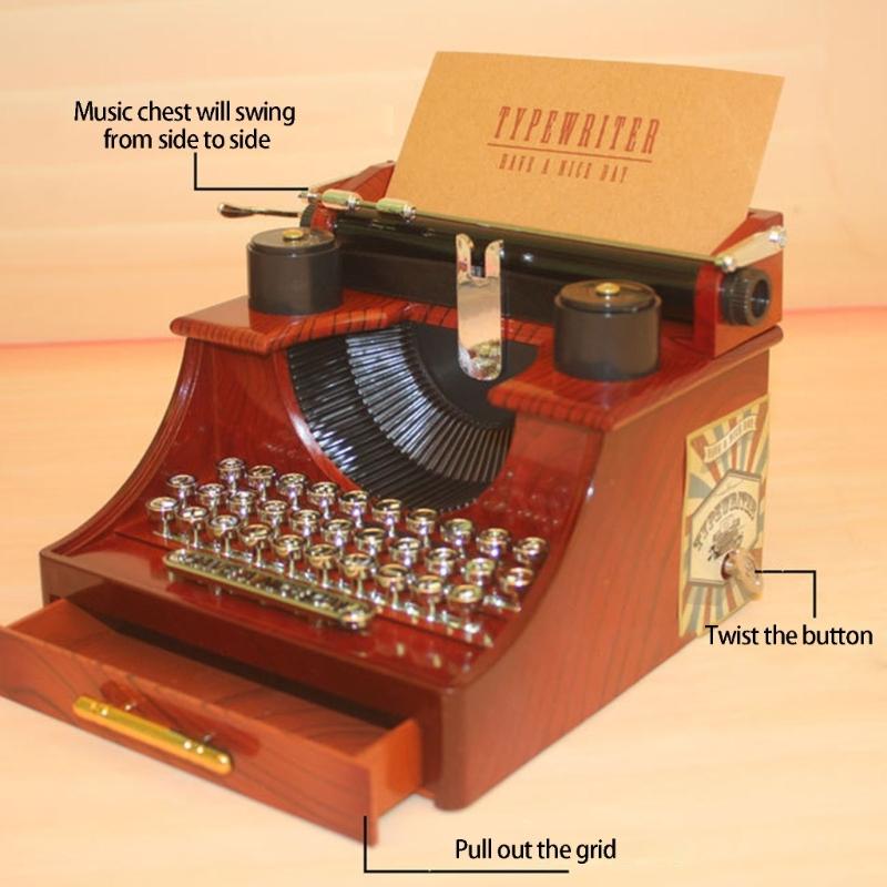 Retro Design Wind Up Mechanical Music Box In Typewriter Shape Sweet Melodies with Drawer Home Desktop Shelf Decors