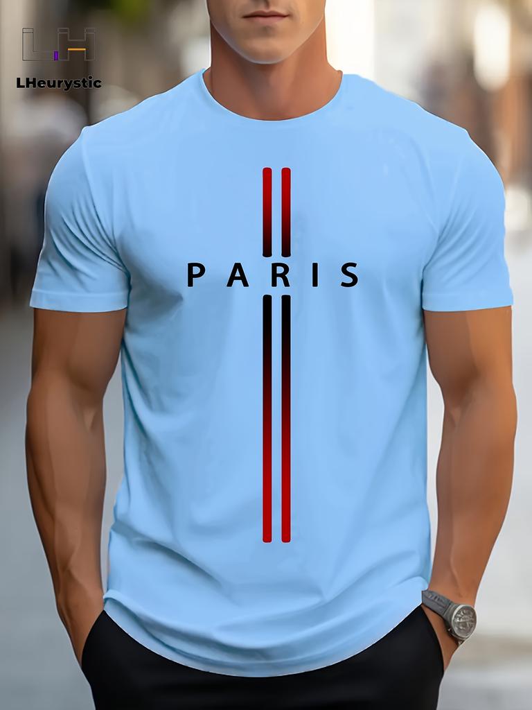 Men's 100% cotton summer loose size PARIS letter Graphic printed slim fit casual sports round neck short sleeved T-shirt top