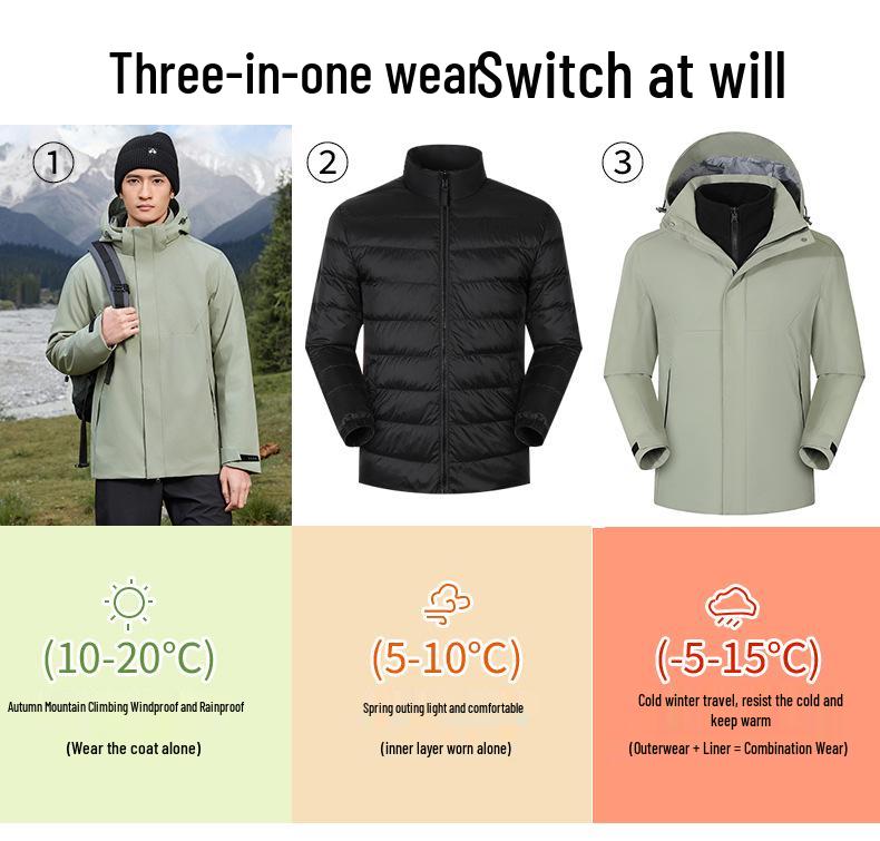 Unisex Młodzieżowa Wodoodporna Kurtka Górska Trzyw Warstwy z Odpinaną Podpinką Puchową