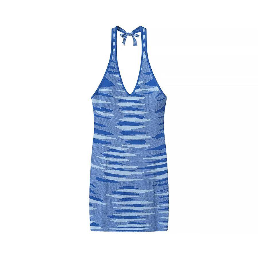 

Женское облегающее трикотажное платье ZARZ с V-образным вырезом, открытой спиной и на бретелях-спагетти - европейский и американский стиль One Size синий