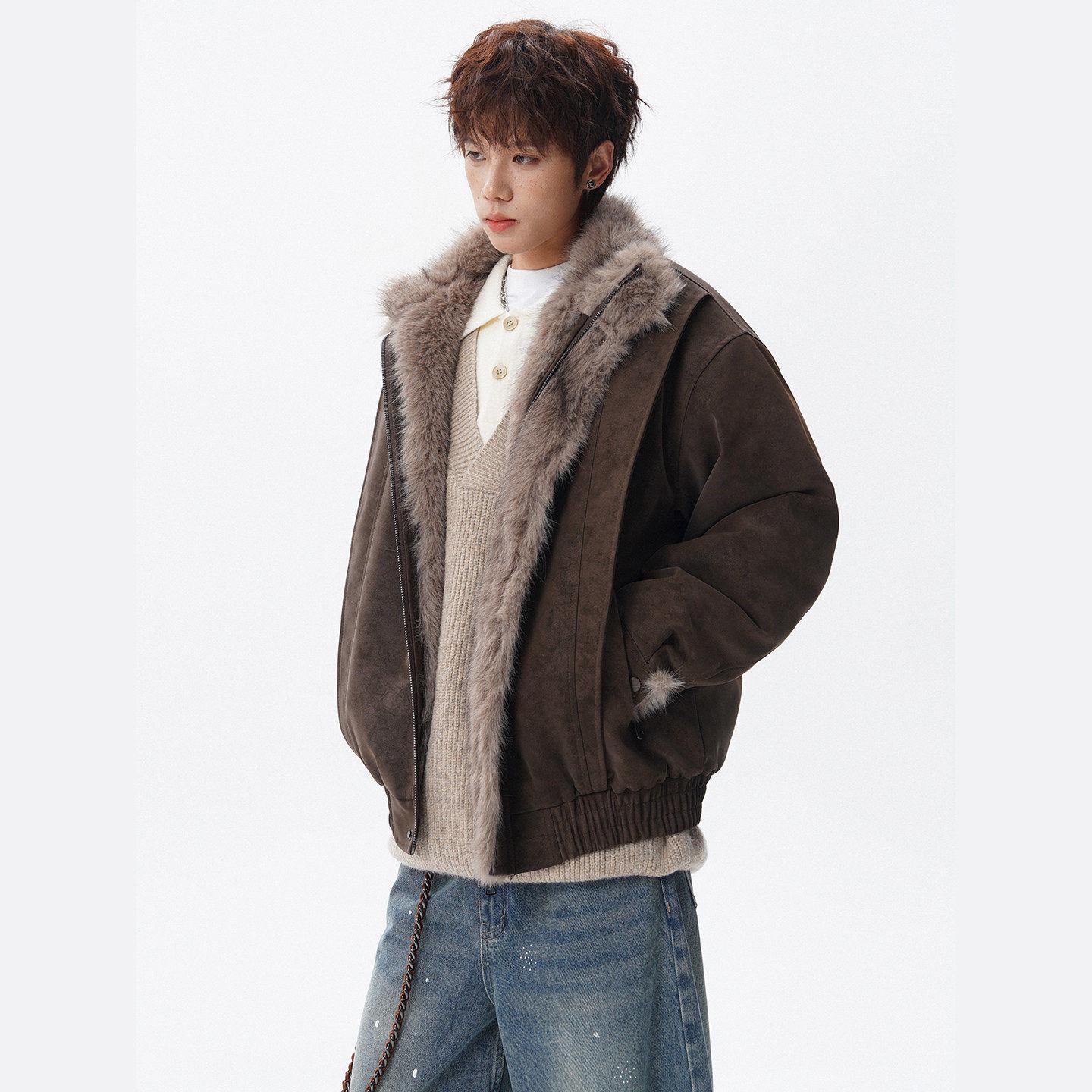 Unisex American Retro Patchwork Cotton Jacket with Deconstructed Design and Plush Velvet Lining 2XL