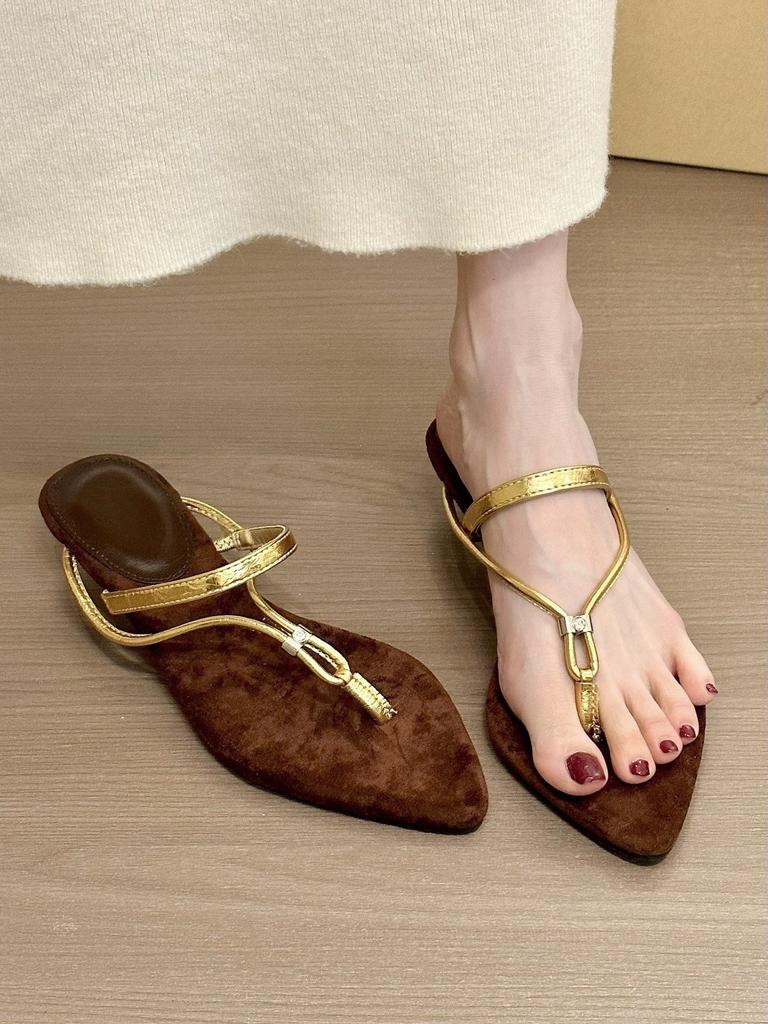 Can Luli Style! Retro Suede Pointed Toe Adjustable Slope Heel Sandals Women's Summer Word with Sandals