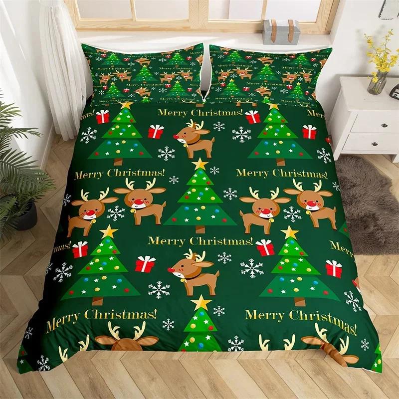 Christmas Theme Duvet Cover Set Single King Queen Twin Cartoon Santa Claus Bedding Set Microfiber Xmas Deer Comforter Cover