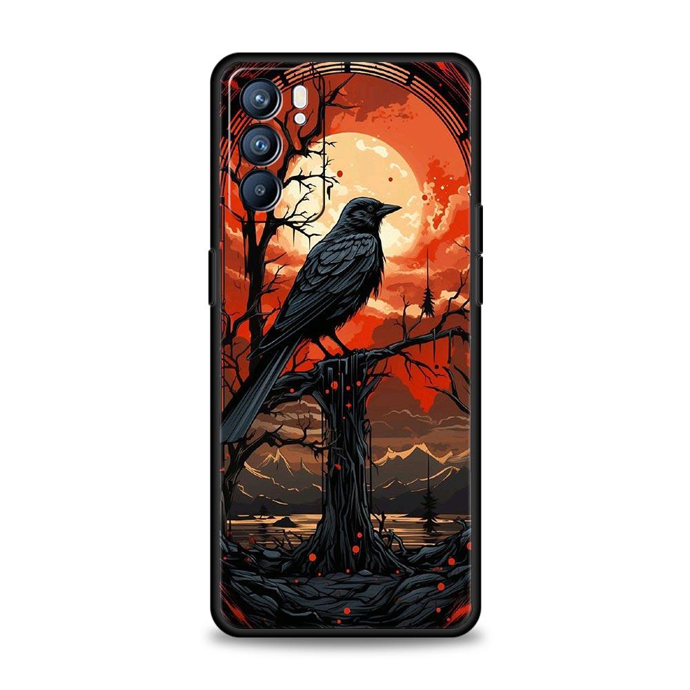 Black Raven Phone Case For Oppo A17 A31 A54 A57 A78 A79 A98 Find X5 X6 Reno 6 7 8 10 11 12 13 F Pro 5G Soft TPU Cover Fundas Bag