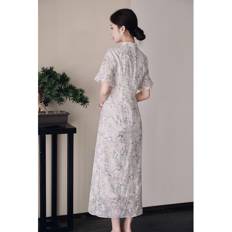 JK&JS New Chinese Style Chiffon Floral Slim Cheongsam Dress