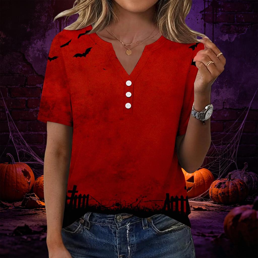 Women V Neck Short Sleeve T Shirt with Decorative Buttons Halloween Print Casual Loose Fit Top for Everyday Wear
