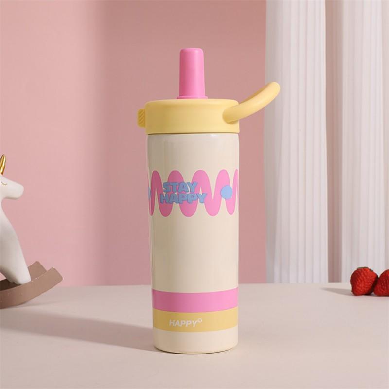316 Stainless Steel Insulated Tumbler With Straw Lid Carry Rope 650ml Cartoon Design Kids Women Students Outdoor Travel
