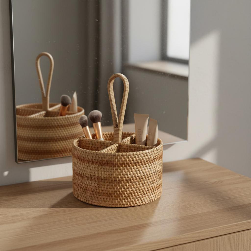 4 Compartment Organizer With Dividers Woven Rattan Container Divided Storage Container Portable Wicker Utensil Carrier