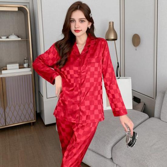 Womens Satin Pajamas Set Button Down Long Sleeve Top And Long Pants Sleepwear Set Oversized Casual Plaid 2 Piece Lounge Set