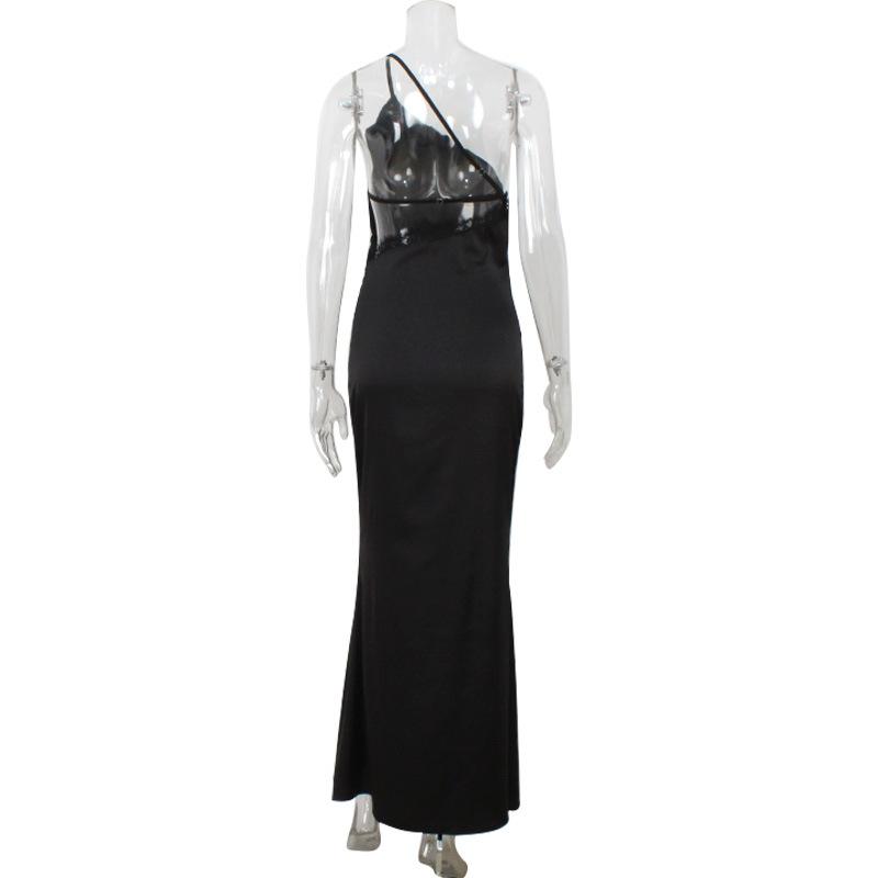 European and American Style Women's Clothing Slim Temperament Diagonal Collar Suspender Backless Solid Color Fashion Floor Mopping Evening Dress Dres