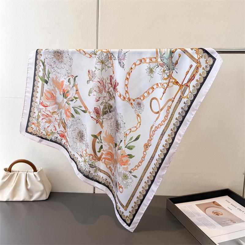 Summer Sunscreen Flowers Print 70Cm Square Beach Silk Scarf Casual Women Headband Bandana Hair Scarves Shawl Bag Handle Ribbon
