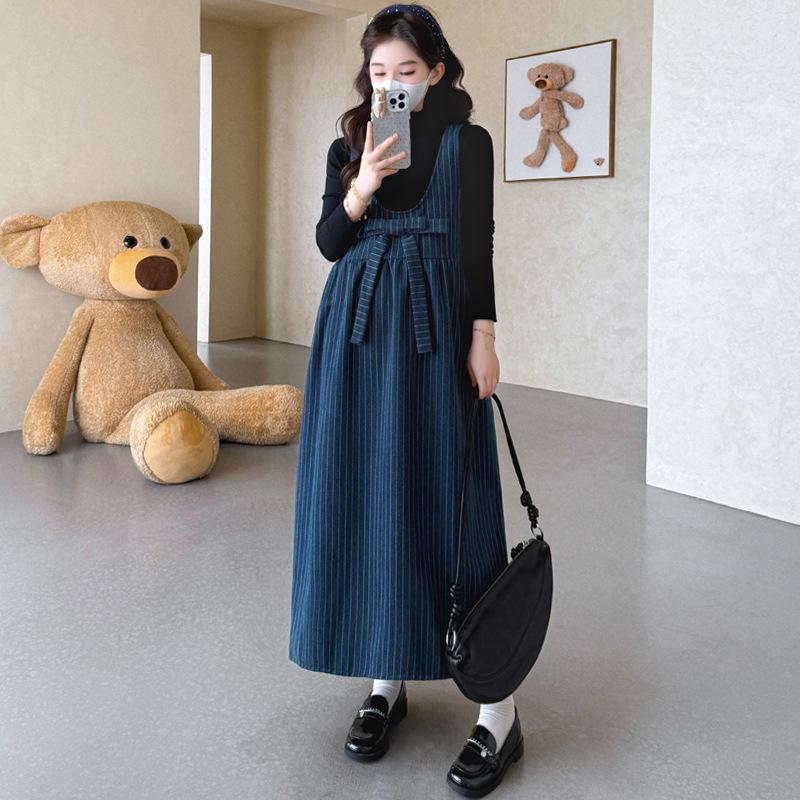 2026 Striped Woolen Maternity Vest Dress & Base Layer Set - Korean Style