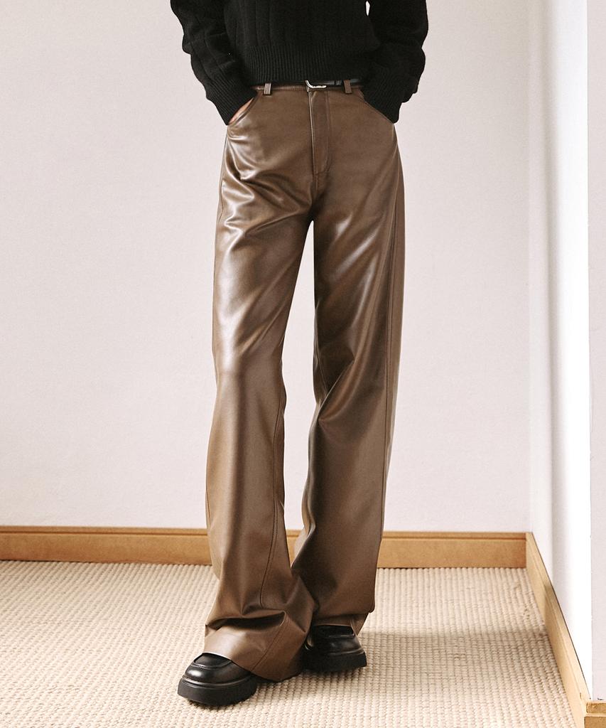 LEFTSEOUL Synthetic Soft Leather Loose Fit Pants [Brown]