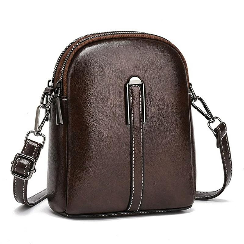 Borsa Piccola a Tracolla da Donna Retrò in Ecopelle con Doppia Cerniera Tracolla Regolabile Tasche Multiple con Zip