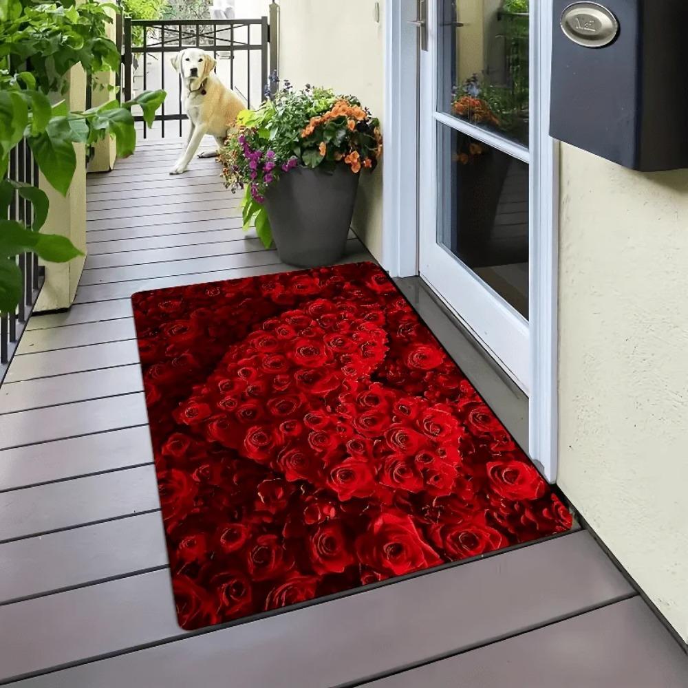 Vibrant Rose Valentines Day Heart Love Rug, Welcome Doormat Non-Slip Floor Mat, Decorative Carpet for Living Room Bedroom