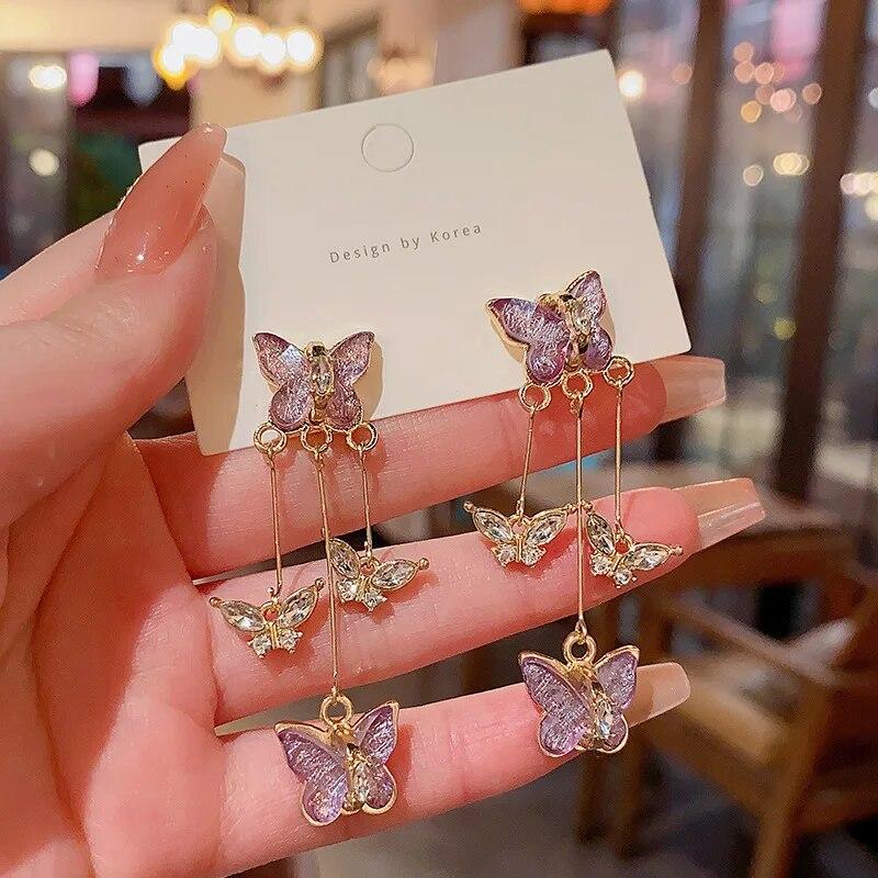 Luxury Purple Butterfly Long Tassel Earrings Ladies Brincos Trendy Crystal Dangle Drop Earrings Girls Party Jewelry Accessories Gift