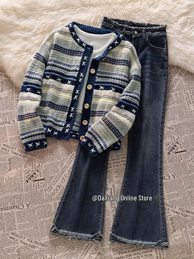 Retro Koreanischer Strick-Cardigan und Schlagjeans Set für Damen