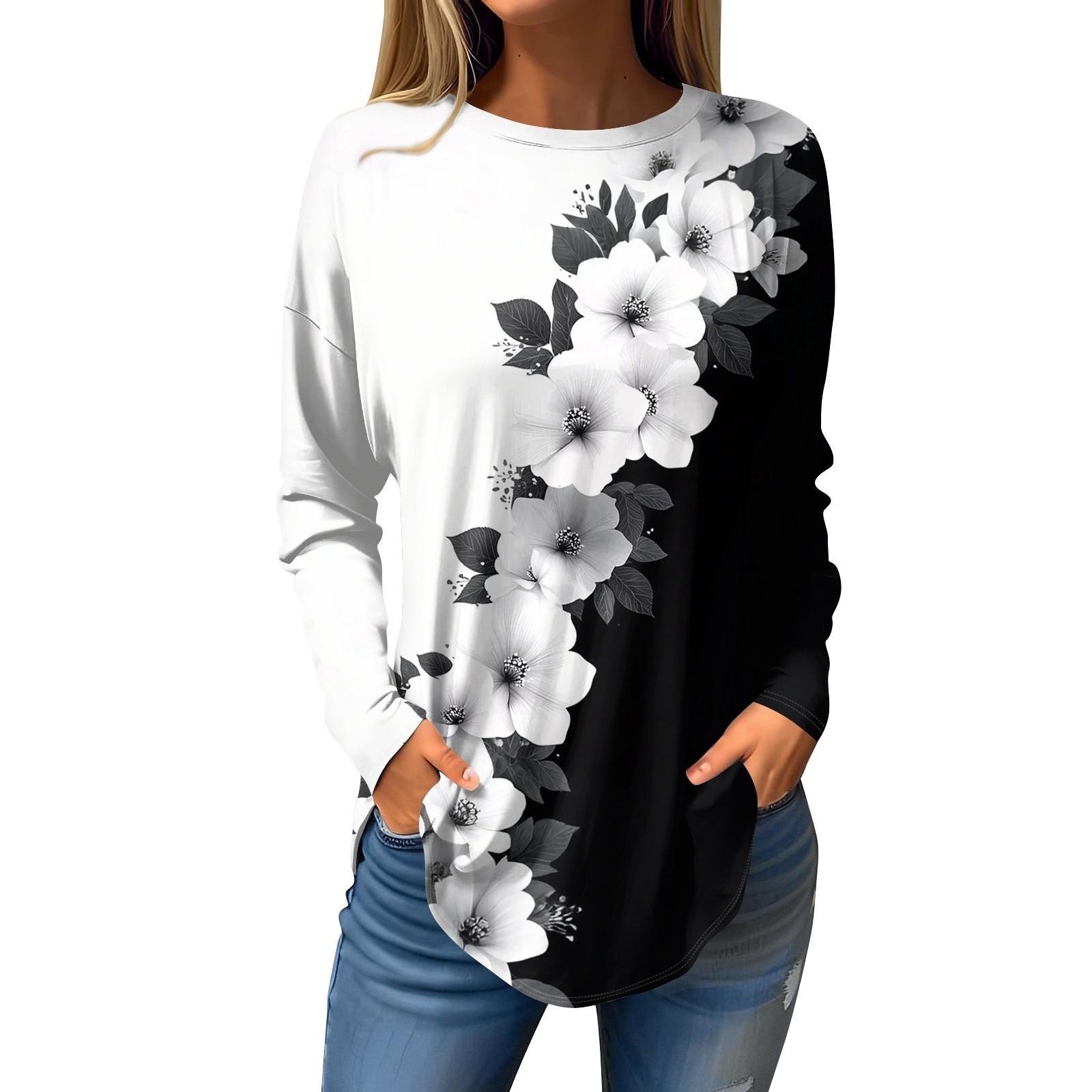 

Women s Loose Round Neck Print Long Sleeve T-Shirt Top Pullover S белый