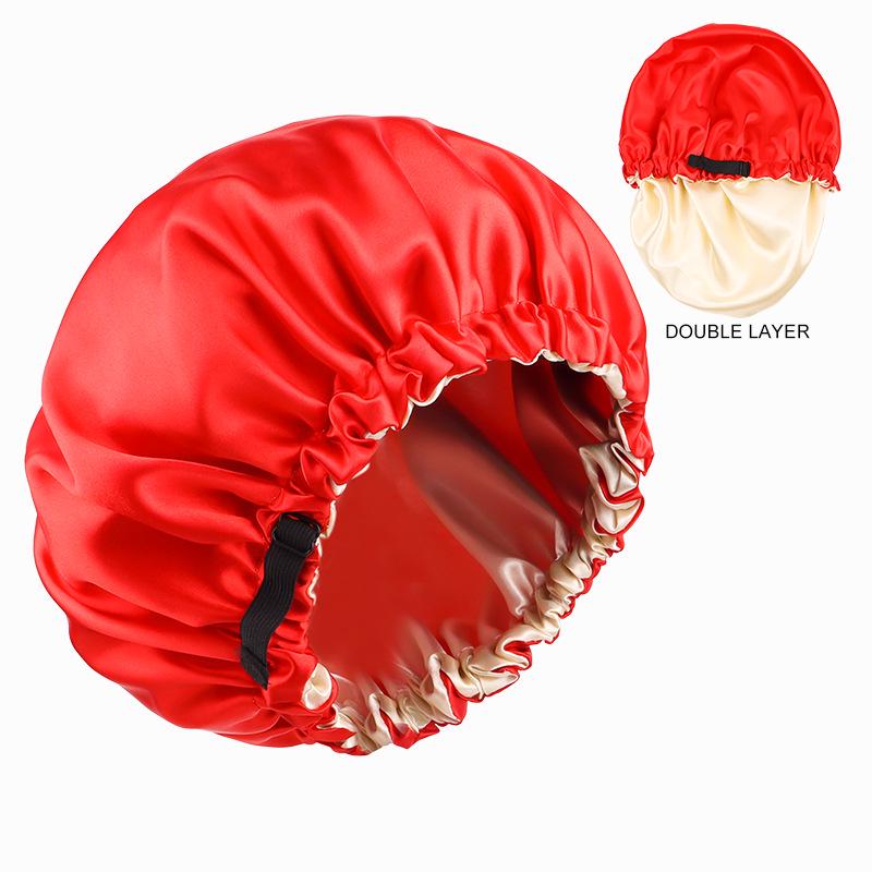 Dual-Layer Satin Sleep Cap with Adjustable Buckle, Reversible Solid Color Design - Elastic European/American Shower Cap