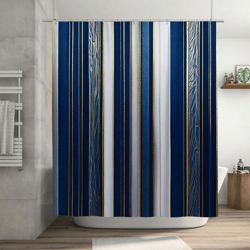 

Navy Blue Shower Curtain With White Stripes And Gold Accents, Modern Geometric Pattern For A Luxurious Minimalist Bathroom W60H190(CM)-1 Pcs