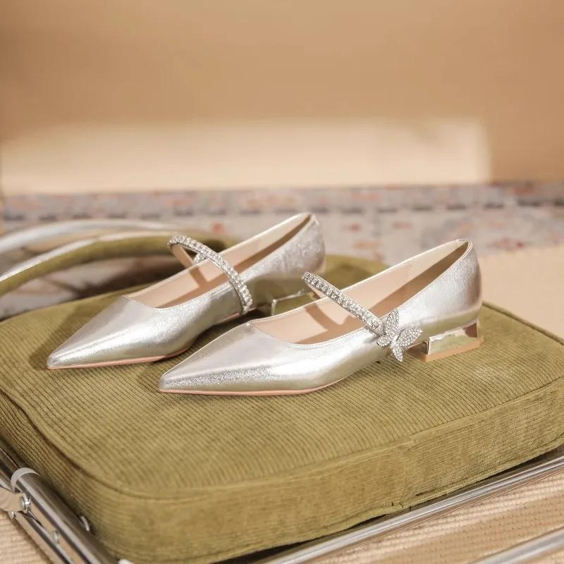Fashion New Elegant Dress Shoes Female 2025 Mary Janes Women's High Heel Crystal Butterfly Pumps Women Pointed Toe Low Heel Shoes Women