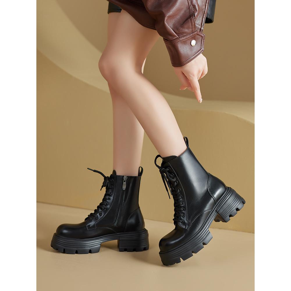 Thick-soled heightening Martin boots women's autumn and winter versatile velvet retro round-headed short boots thin boots