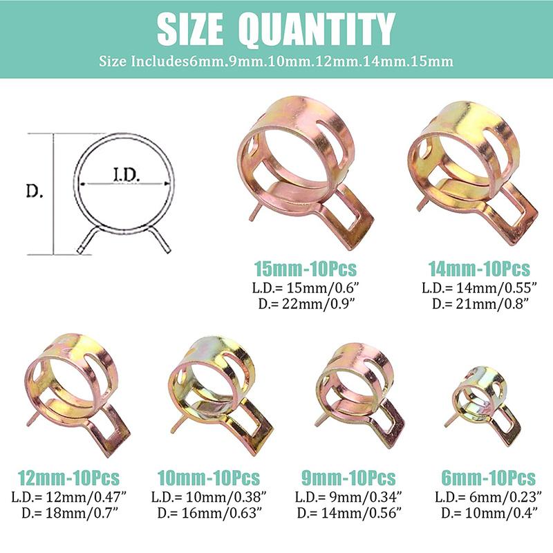 60Pcs Fuel Silicone Vacuum Hose Spring Band Type Action Pipe Clamp Low Pressure Air Clip Clamp SIZE: 6mm 9mm 10mm 12mm 14mm 15mm 60pcs