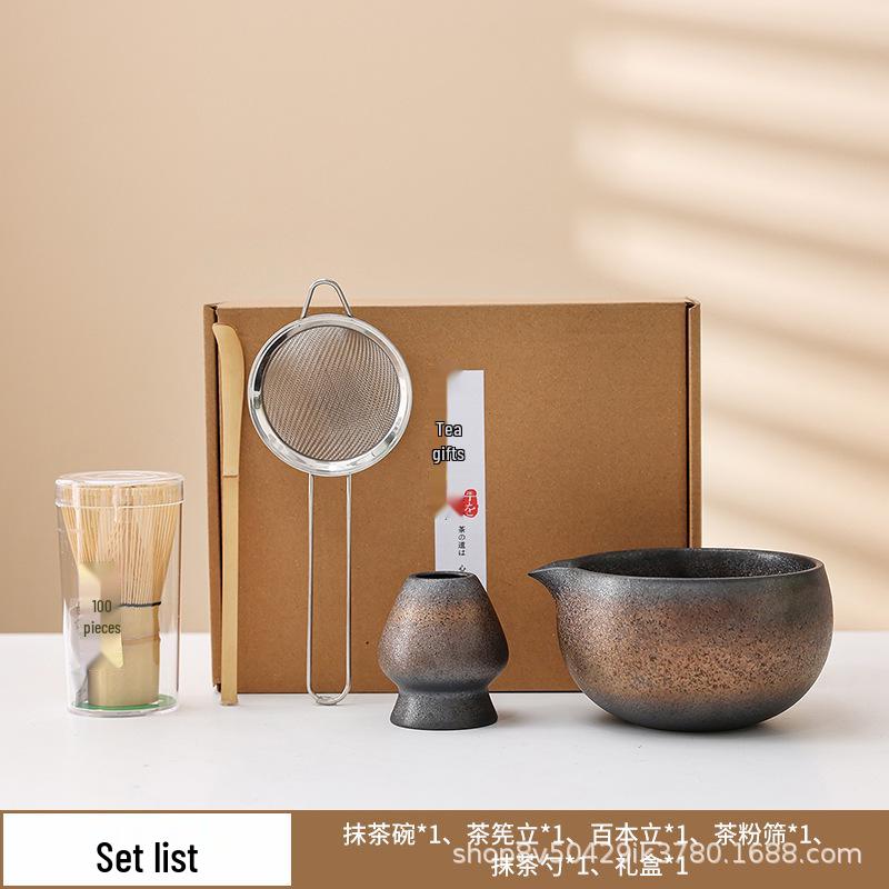 Japanese Gilded Iron Glaze Matcha Bowl and Whisk Holder - Retro Coarse Pottery for Tea Ceremony Accessories