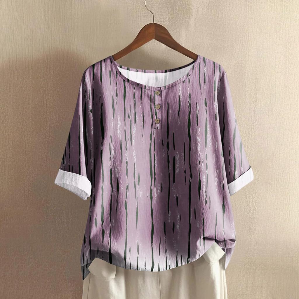 Women's Casual Mid-sleeve Round Neck Retro Floral Print Cotton And Linen Top