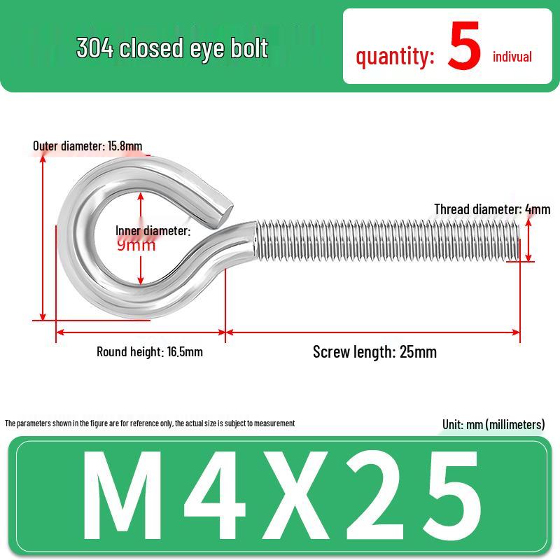 304 Stainless Steel Eyebolt with Ring Hook – Machine Thread Closed Eye Bolt (M4 M5 M6 M8)
