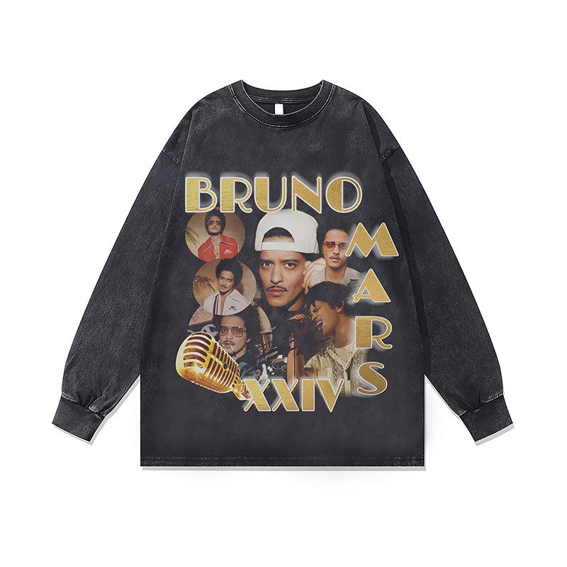 2. American Retro Hip-Hop Star Print Base Top Men'S And Women'S Autumn Washed Crew Neck Long Sleeve T-Shirt