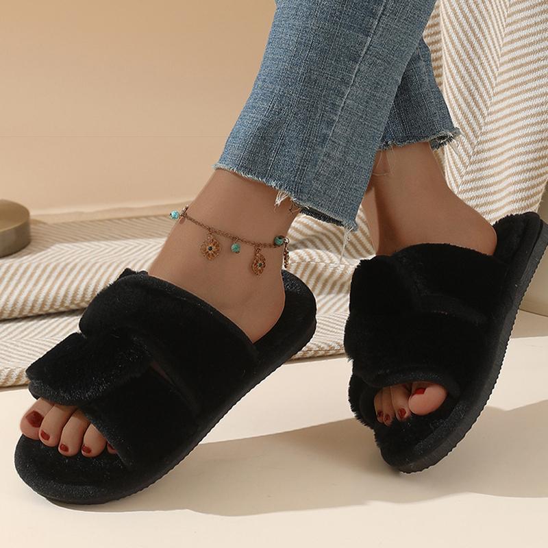 Fashion Contrast Color Cross Strap Fur Slippers Women Open Toe Non Slip Indoor Home Slides Woman Autumn Winter Comfort Plush Slippers