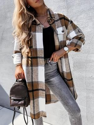 Inverno Nuovo Abbigliamento da Donna Transfrontaliero Europeo e Americano Largo Casual Versatile Camicia a Quadri di Media Lunghezza Giacca a Maniche Lunghe
