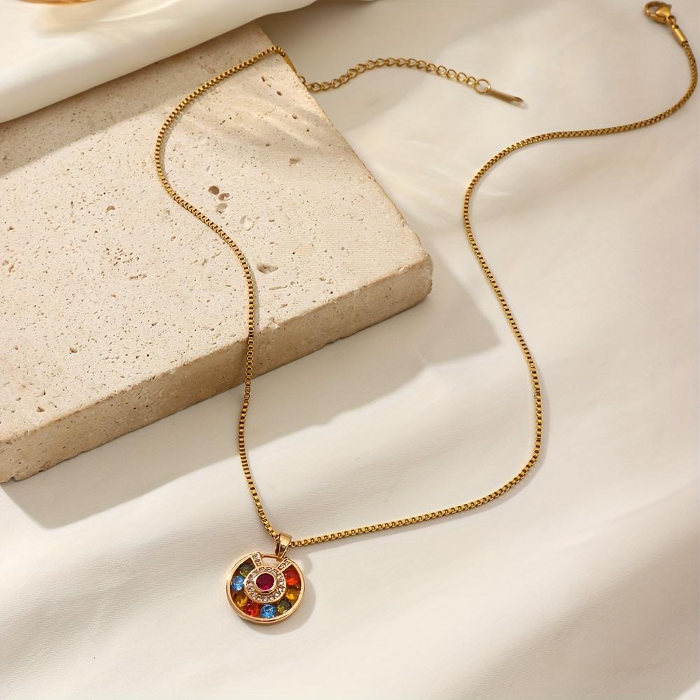 Round Colored Zirconia Pendant Necklace for Women New Fashion Golden Stainless Steel Chain Wedding Party Jewelry Accessories