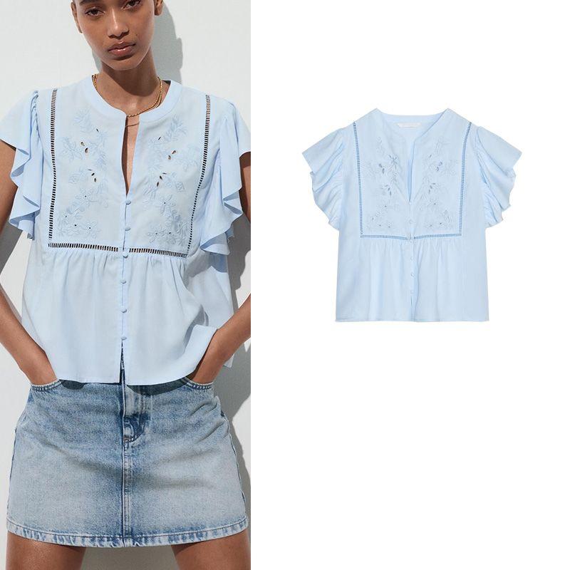 Summer New Product Women's Clothes French Hollow Embroider Laminated Decoration Lapel Short Sleeve Casual Shirt 8574023