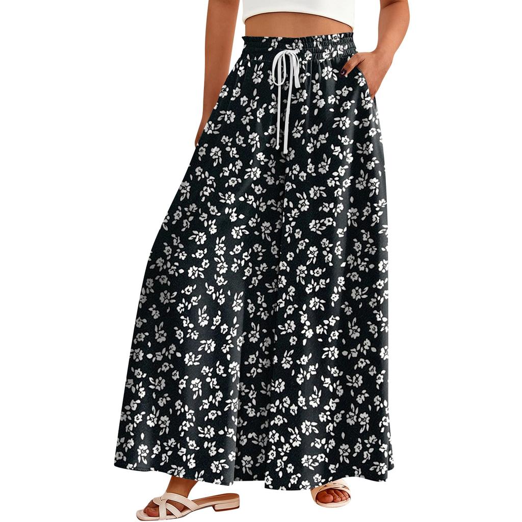 Women's Printed Wide Leg Pants With Pockets High Waist Drawstring Loose Casual Pants