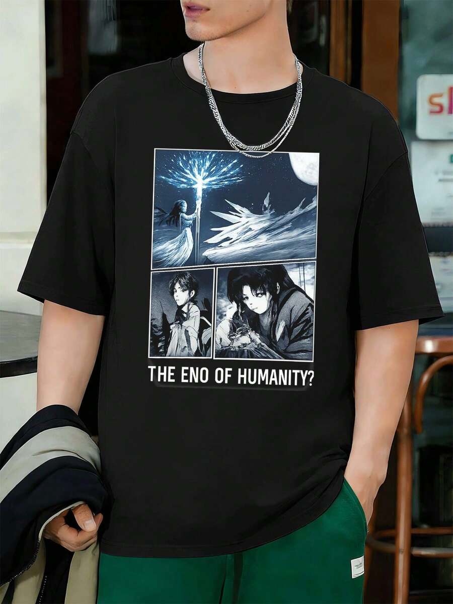 Graphic Anime Style Black Tee Shirt 100% Cotton, Street Hip-Hop, Comfortable, Hardwearing, Unique Graphic Print S