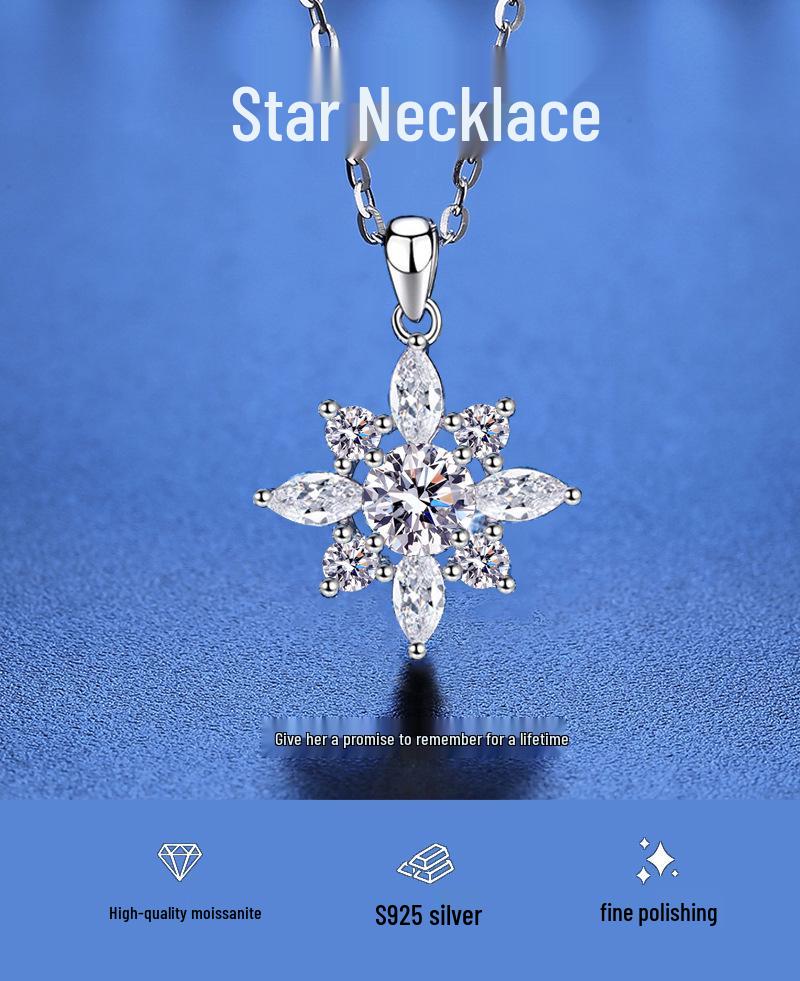 Sterling Silver 925 Moissanite Starburst Necklace with D Color One Carat Pendant