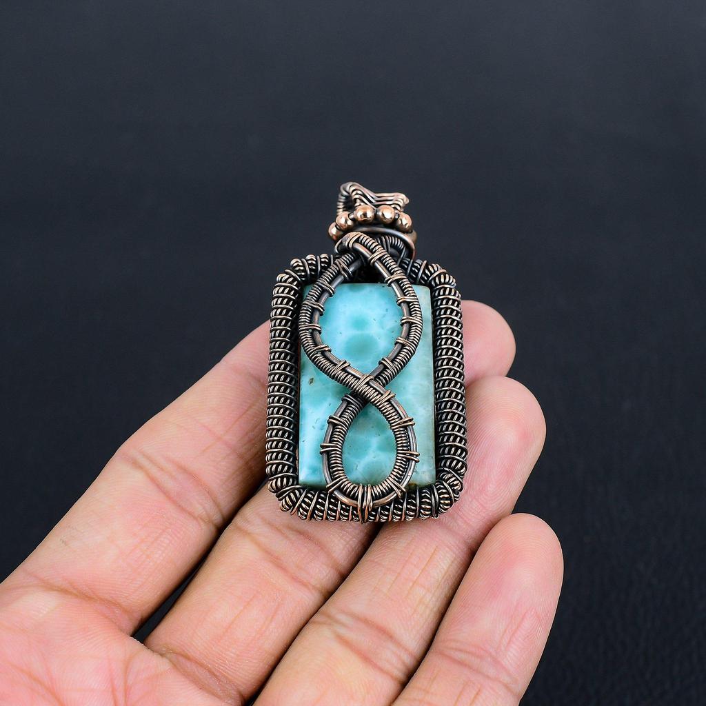 Larimar Pendant Gemstone Jewelry, 999 Copper Wire Wrapped Pendant, Handmade Jewelry Birthstone Pendant, Gift For Him