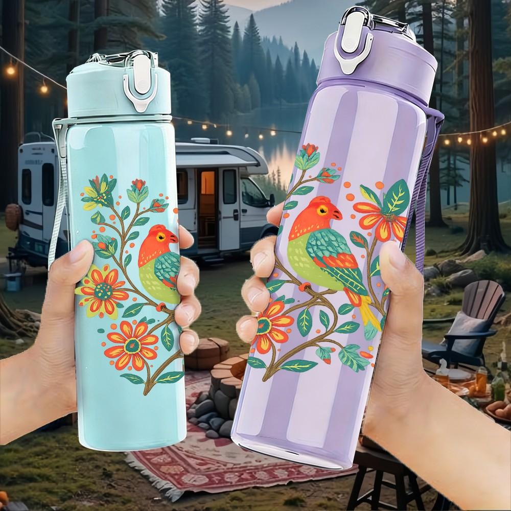 1PC Folk Floral Bird Art 750ml Color Plastic Sports Water Bottle Leakproof Flip Straw Lid Suitable for Sports Office Home Use